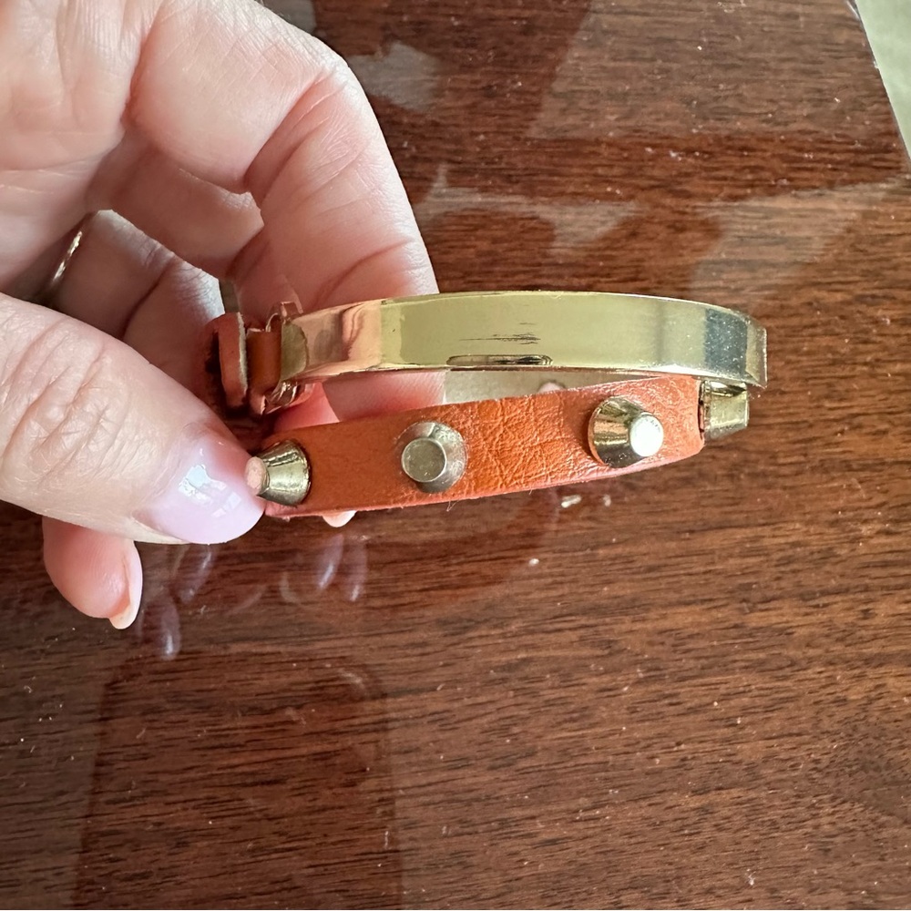Orange Leather Wrap Bracelet with Gold Plate, Studs and Buckle